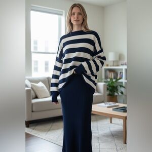 Navy and White Striped Women's Crew Neck Sweater